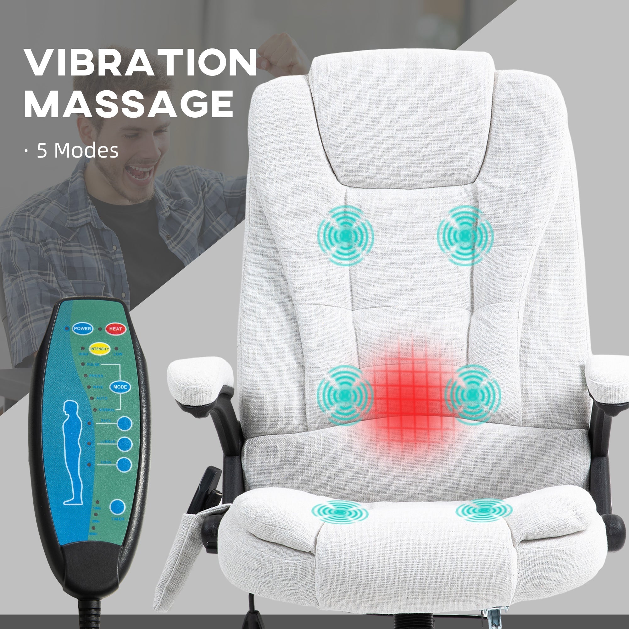 Vinsetto Massage Recliner Chair Heated Office Chair with Six Massage Points Linen-Feel Fabric 360\'c2\'b0 Swivel Wheels Cream White