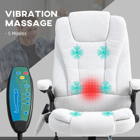 Vinsetto Massage Recliner Chair Heated Office Chair with Six Massage Points Linen-Feel Fabric 360\'c2\'b0 Swivel Wheels Cream White