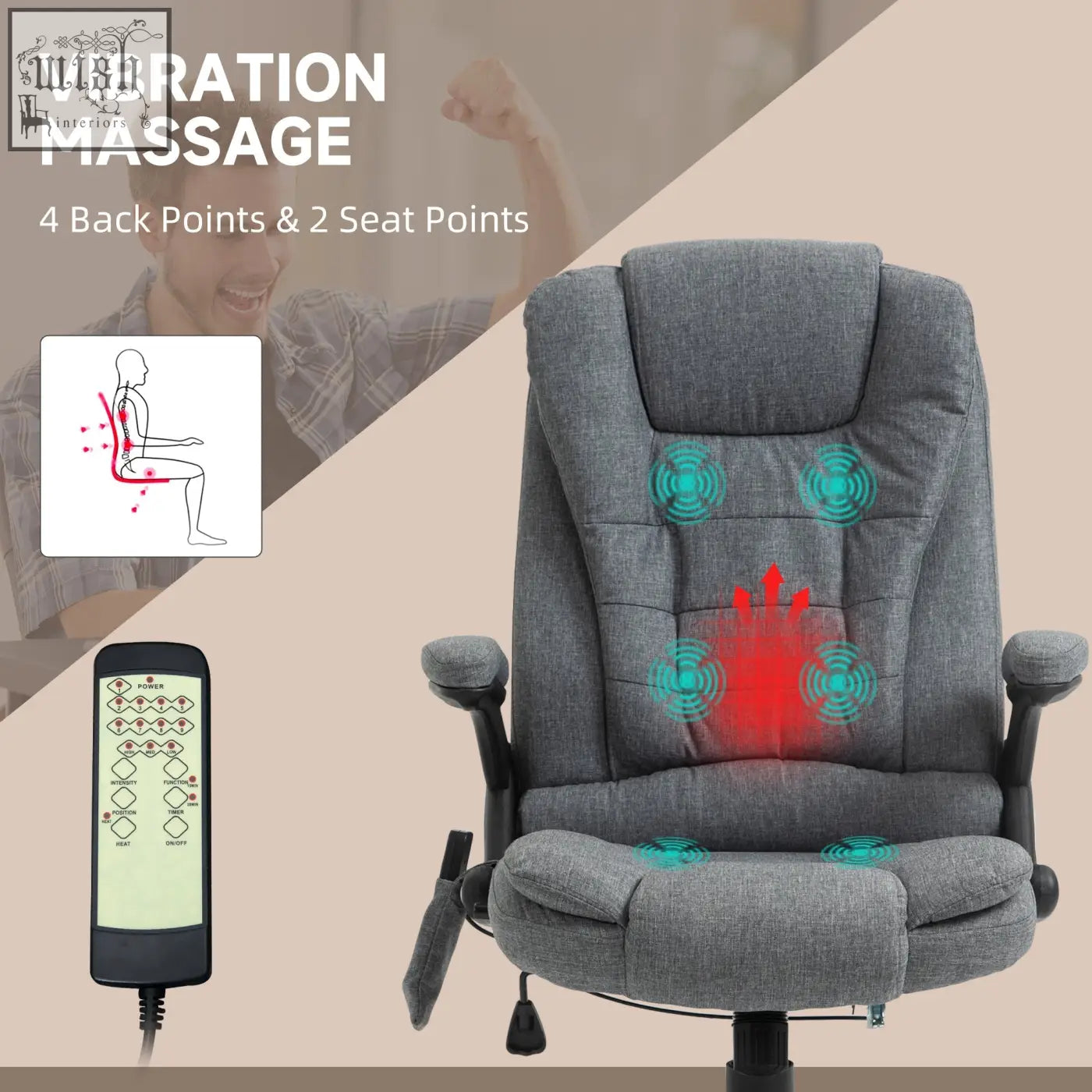 Gray vinsetto massage recliner chair features six massage points in linen-feel fabric with 360 degree swivel wheels