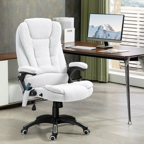 Vinsetto Massage Recliner Chair Heated Office Chair with Six Massage Points Linen-Feel Fabric 360\'c2\'b0 Swivel Wheels Cream White