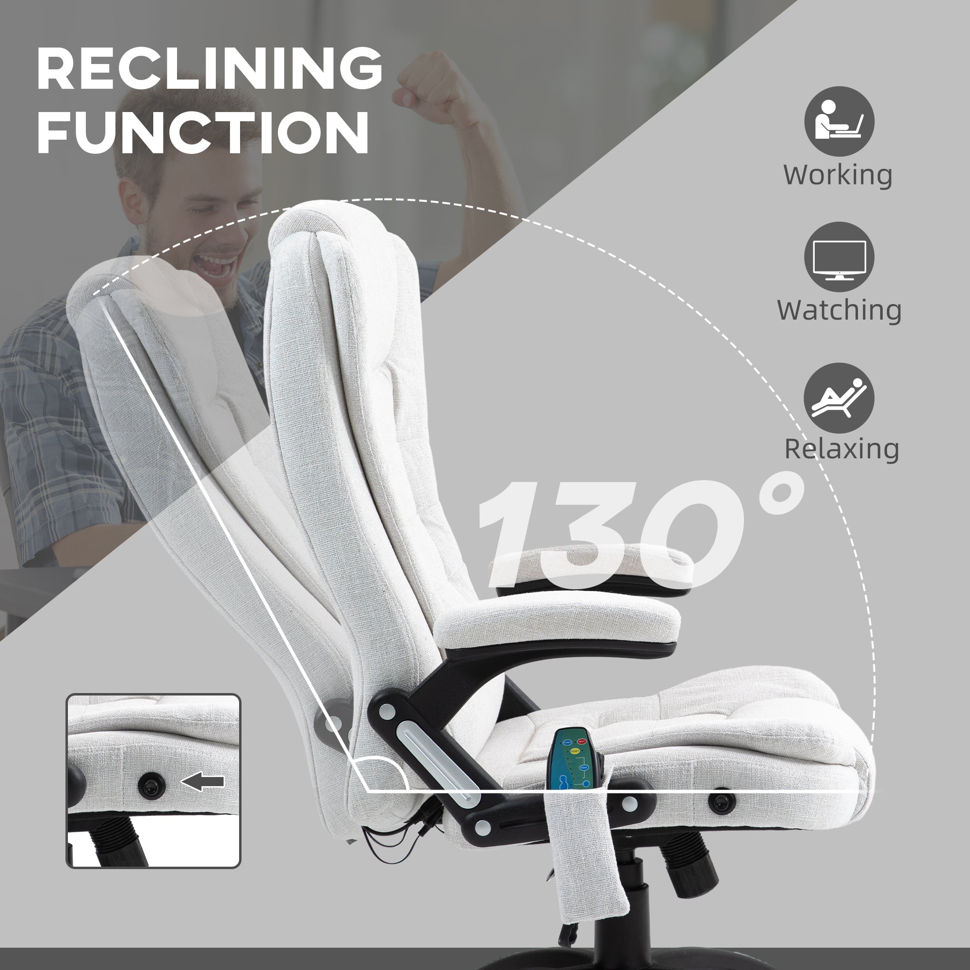 Vinsetto Massage Recliner Chair Heated Office Chair with Six Massage Points Linen-Feel Fabric 360\'c2\'b0 Swivel Wheels Cream White