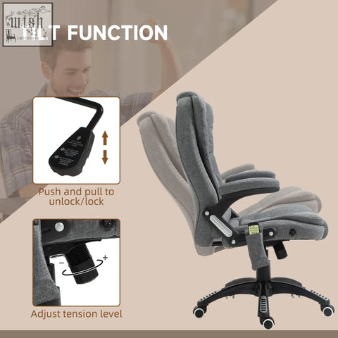Gray vinsetto massage recliner office chair features six massage points heated linen fabric with tilt function and swivel wheels
