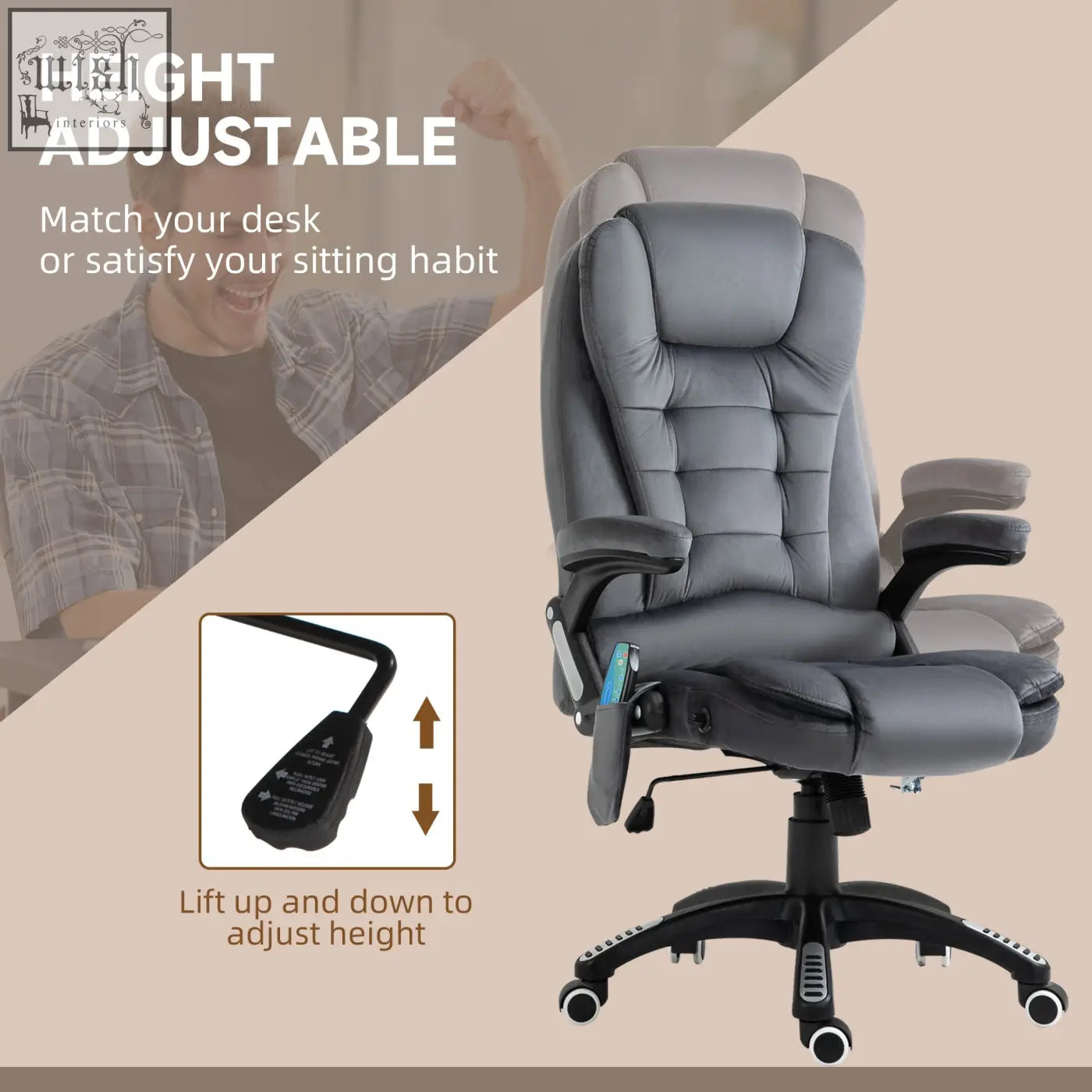 Gray vinsetto office chair with six massage points padded quilted velvet fabric and black plastic base