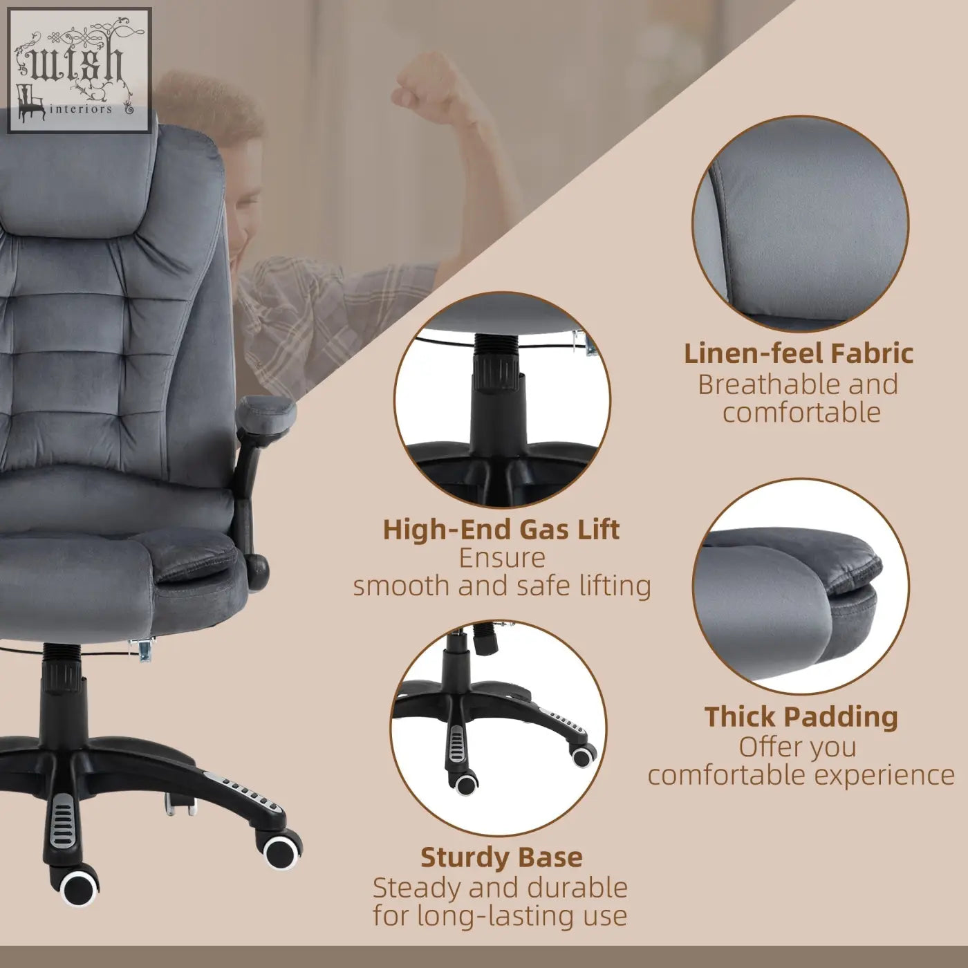 Gray vinsetto office chair with linen-feel fabric, six massage points, black gas lift base, and swivel wheels