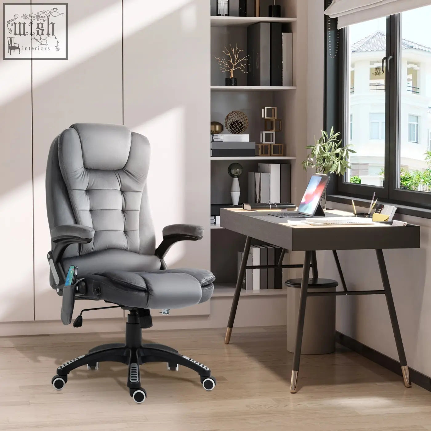 Gray leather vinsetto office chair with adjustable lumbar support wheeled base and six massage points for comfort
