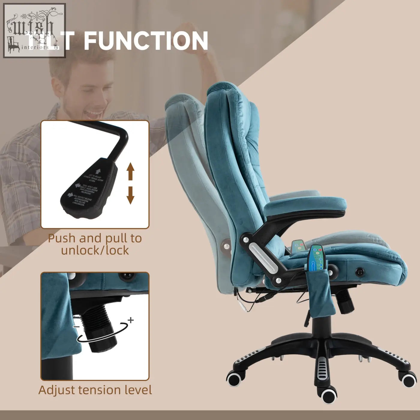 Blue velvet vinsetto massage recliner office chair features six massage points tilt function black metal frame wheels