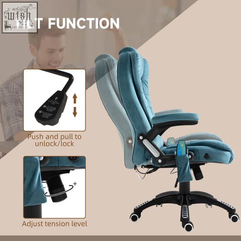 Blue velvet vinsetto massage recliner office chair features six massage points tilt function black metal frame wheels