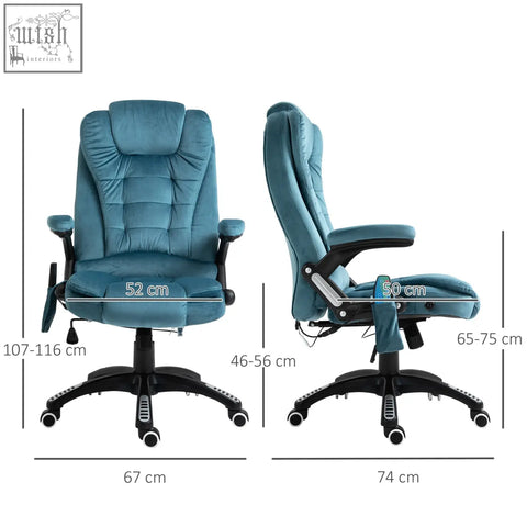 Teal velvet vinsetto massage recliner chair features six massage points with black metal base and swivel casters