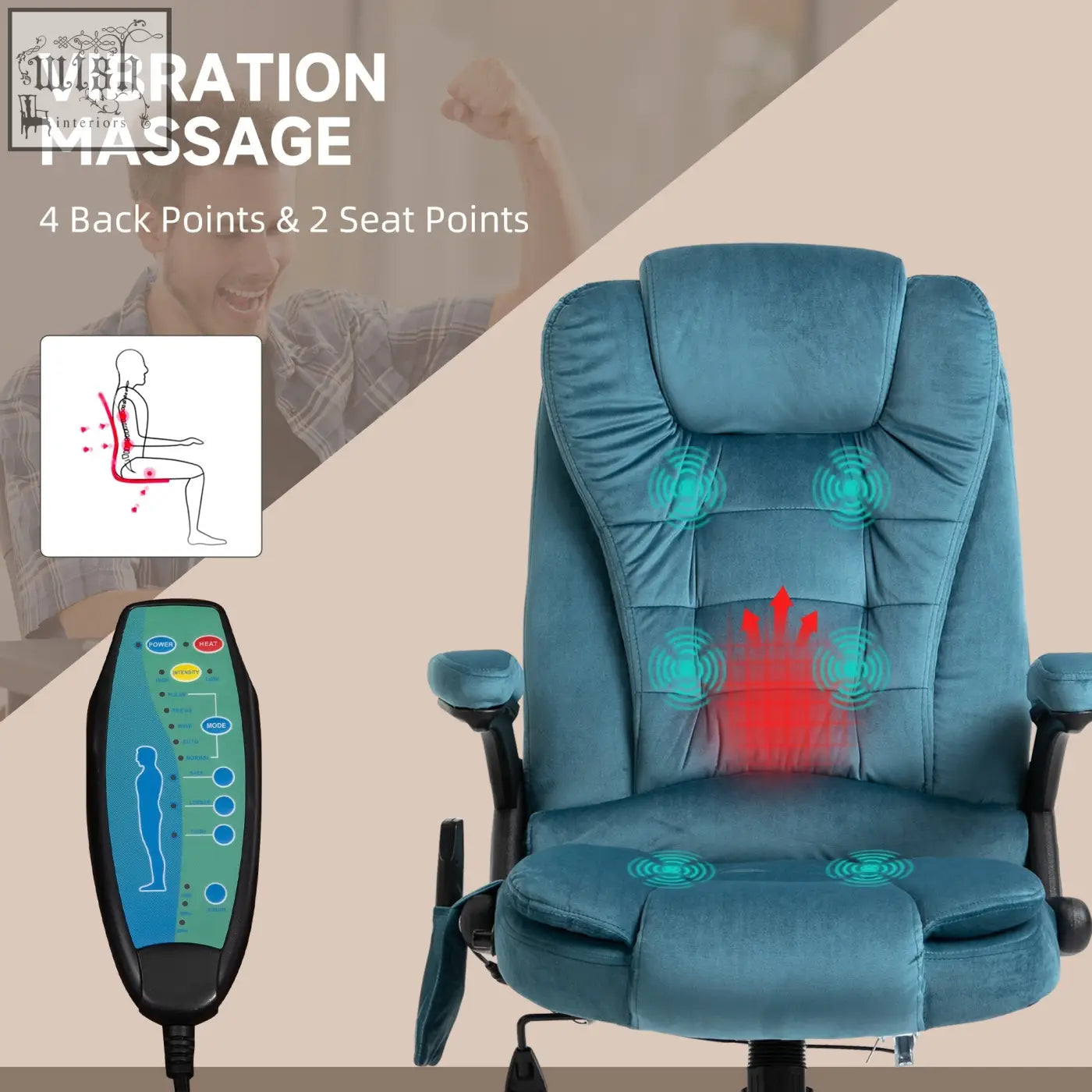 Teal velvet vinsetto massage recliner chair features six massage points and comes with a matching remote control