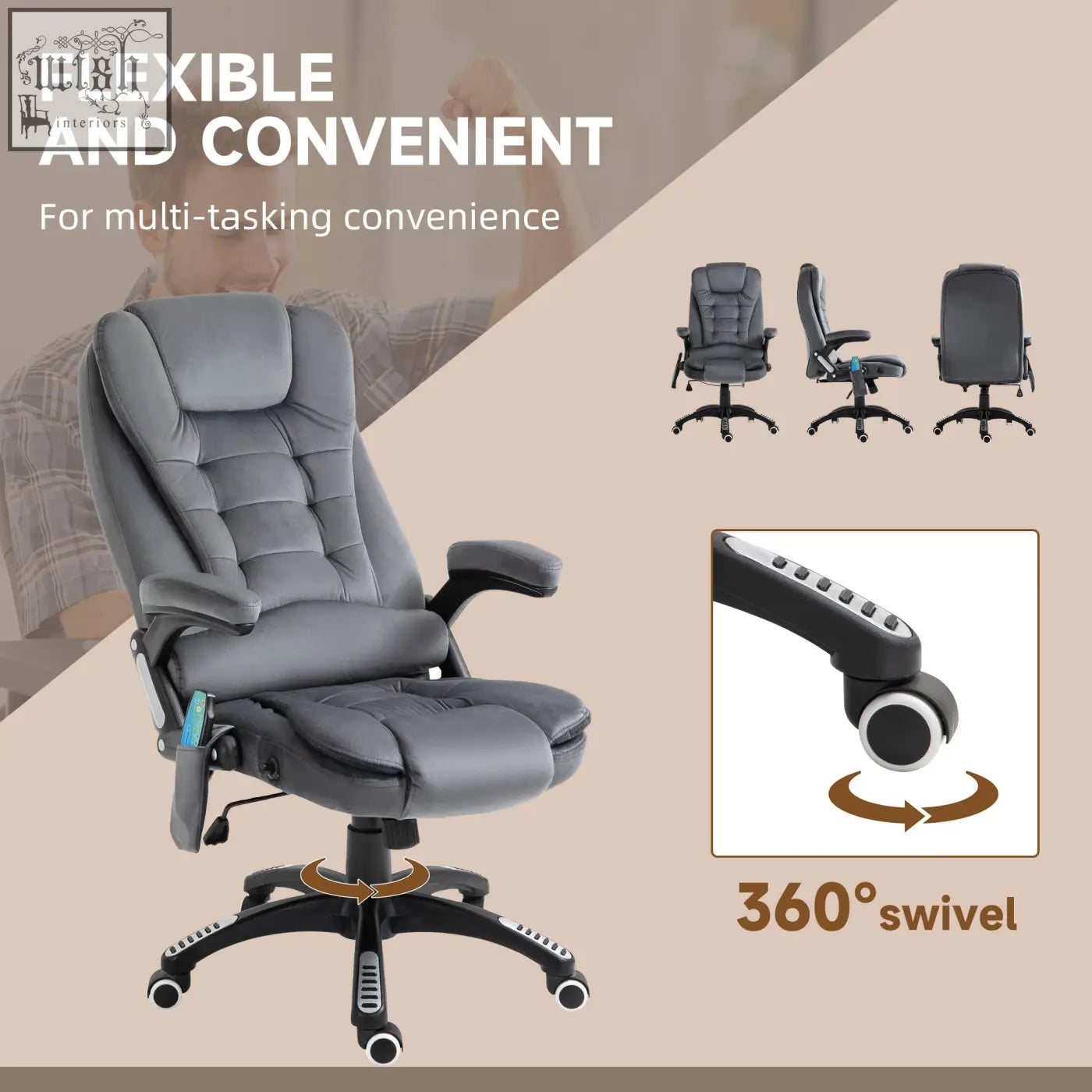Gray vinsetto office chair with velvet fabric six massage points heated recliner and 360-degree swivel wheels