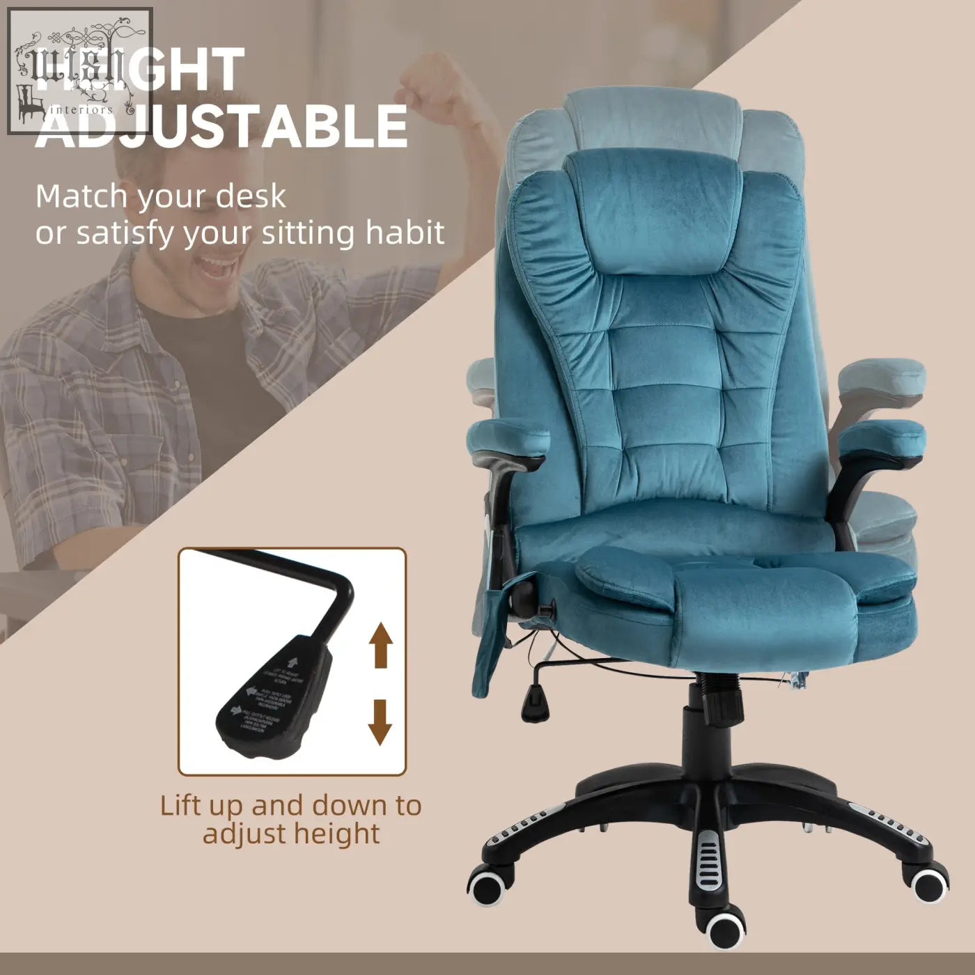 Blue velvet vinsetto massage recliner chair with six massage points padded armrests and height adjustable base