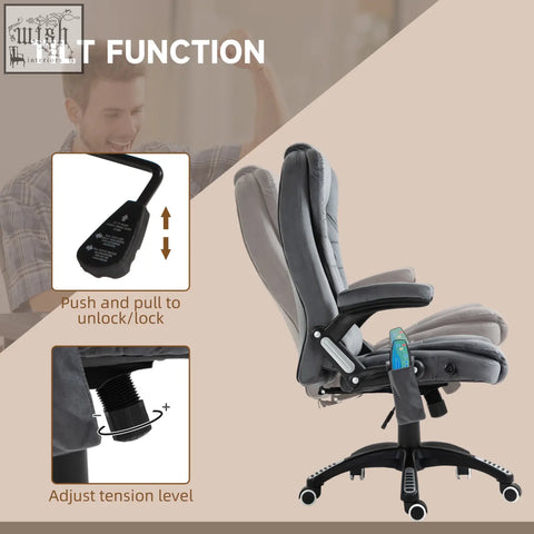Gray upholstered vinsetto office chair with six massage points adjustable tilt and black base for heated reclining