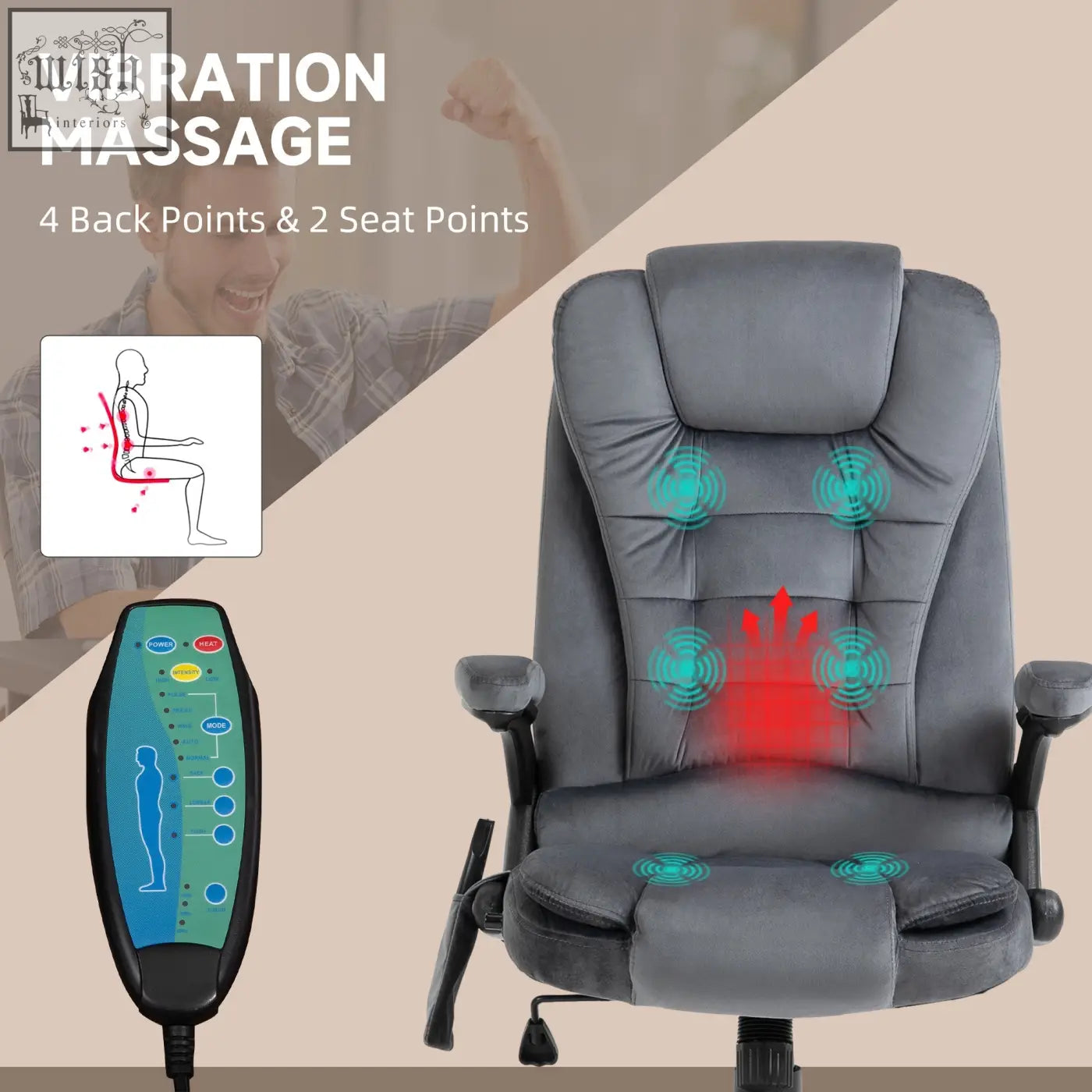 Vinsetto grey velvet-feel office chair with six massage points and remote control for heated massage comfort
