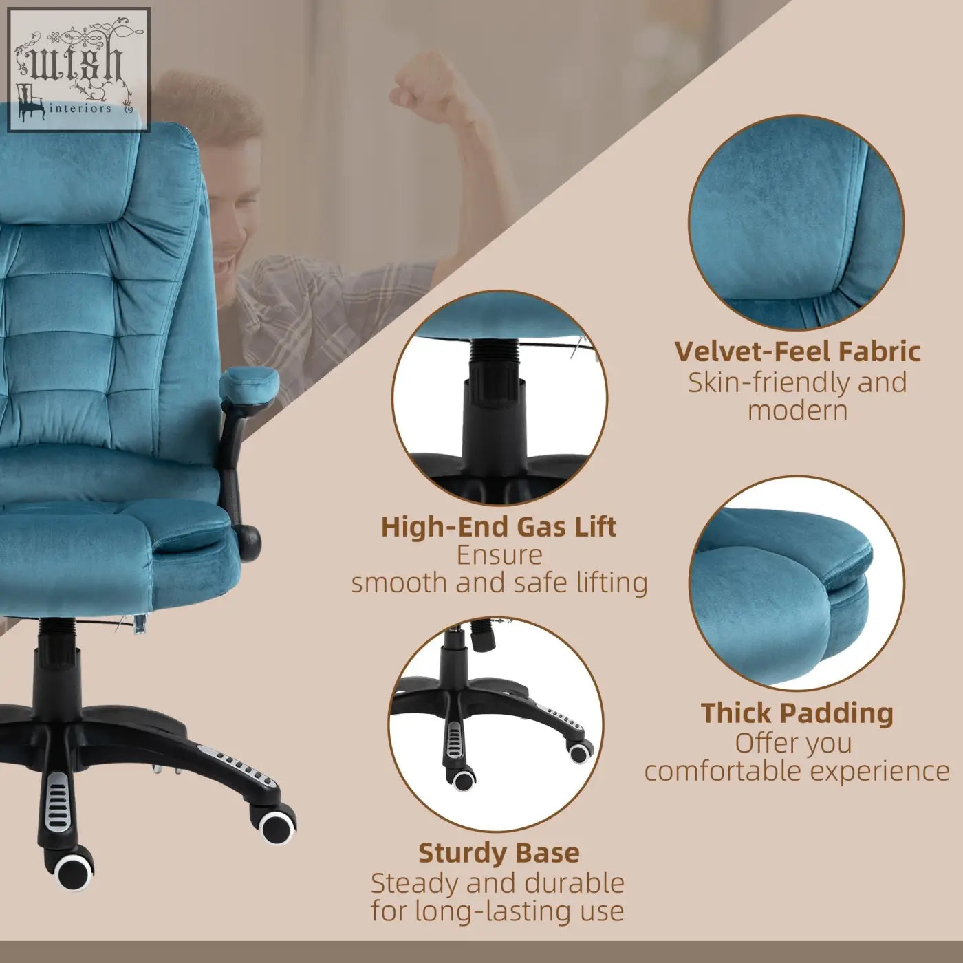 Vinsetto blue velvet-feel office chair features six massage points heated recliner with gas lift and sturdy base