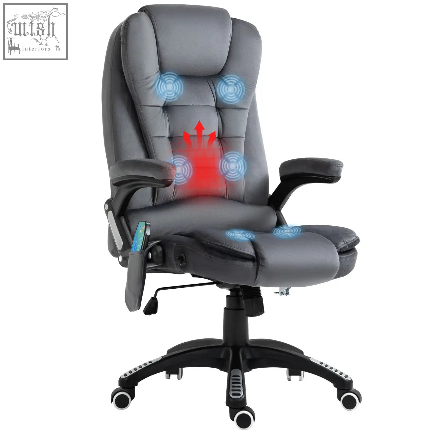 Gray leather office chair with six massage points heated velvet-feel fabric and black casters for office use