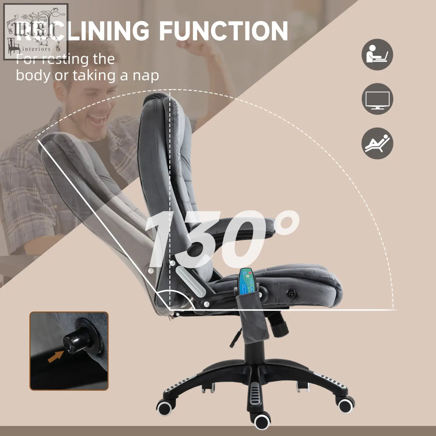Vinsetto gray velvet-feel office chair with six massage points 130-degree recline swivel wheels and heated function