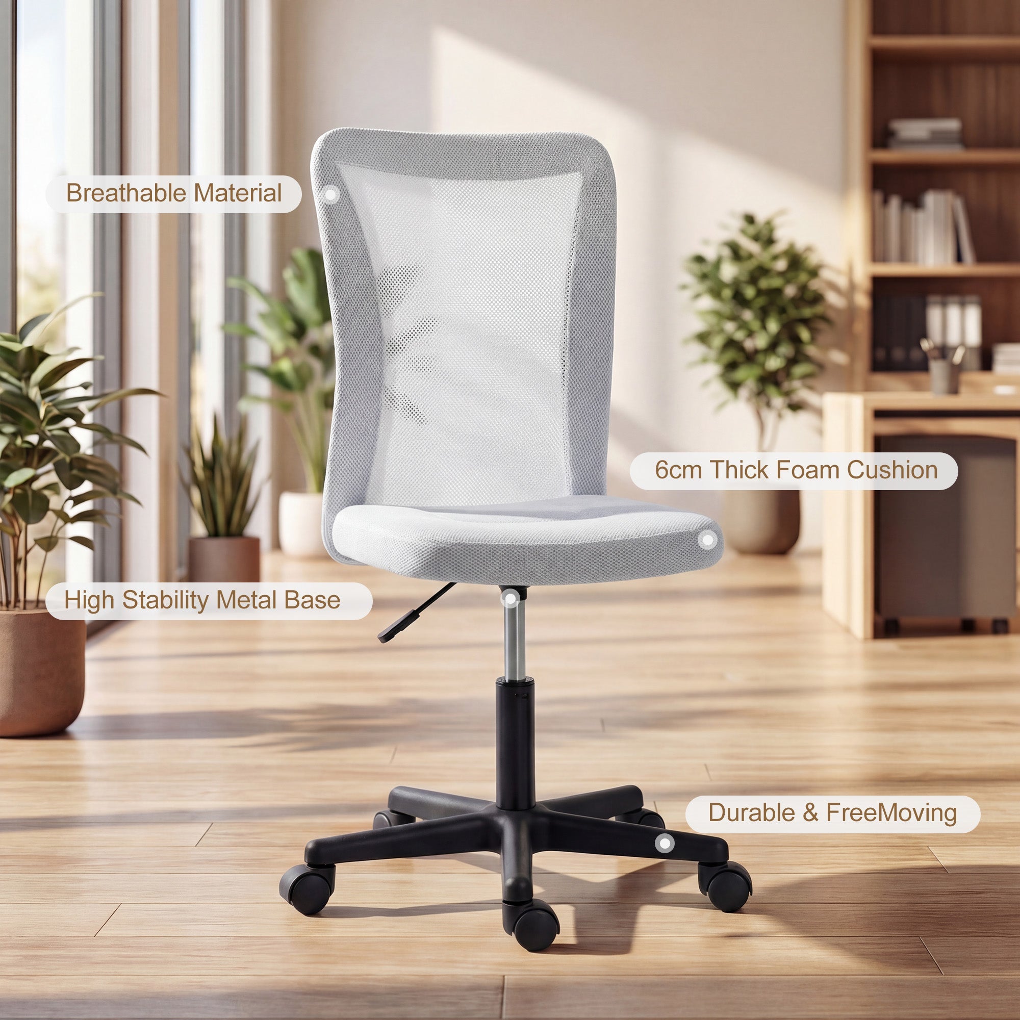 Gray vinsetto mesh office chair with adjustable height 6cm foam cushion and black metal base for office use