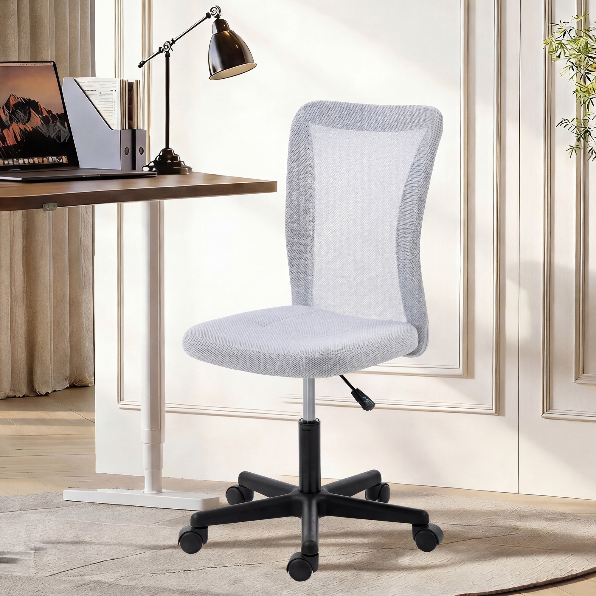 Light gray vinsetto mesh office chair with adjustable height black base and casters for desk use