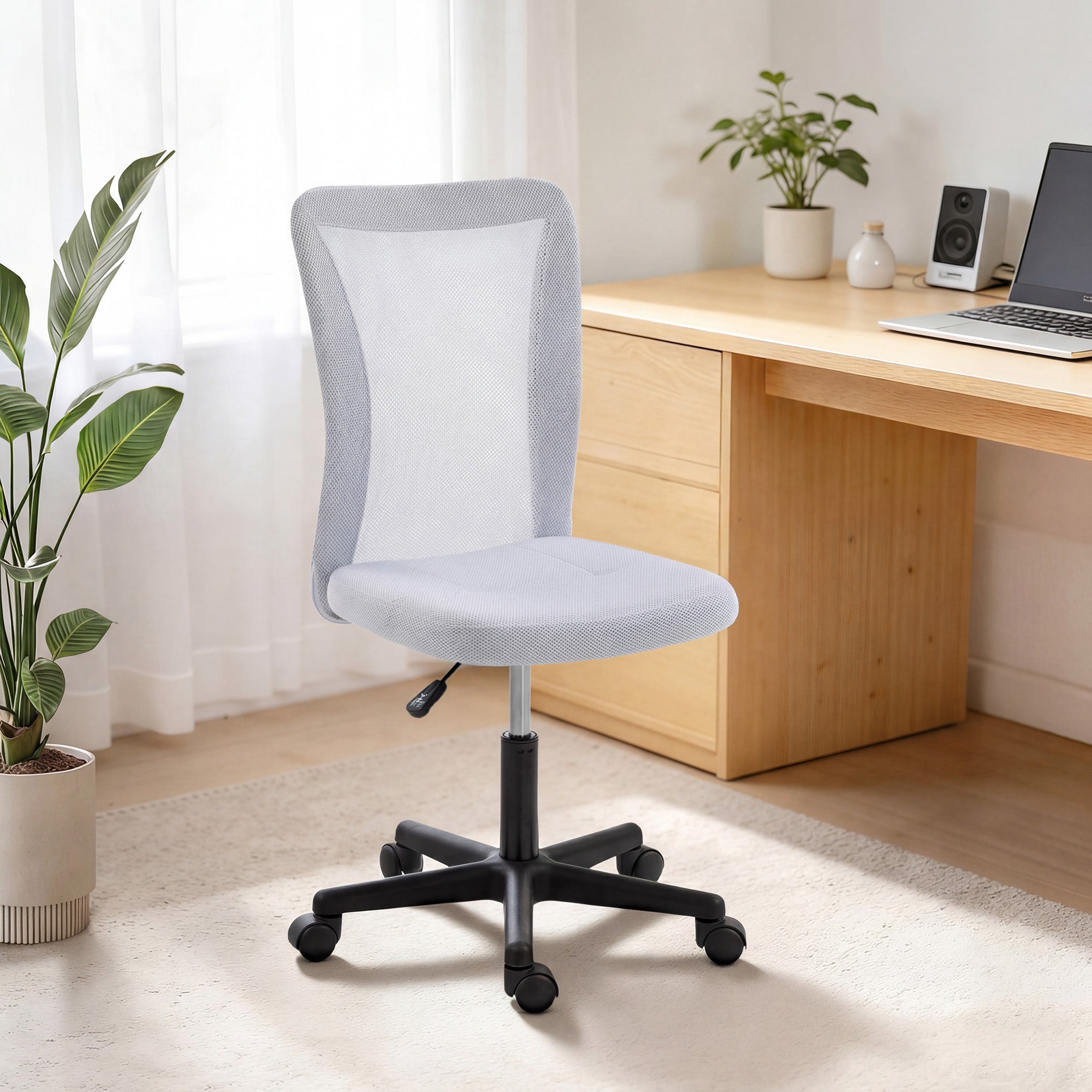 Light gray vinsetto mesh office chair with black base and wheels adjustable height armless swivel desk chair