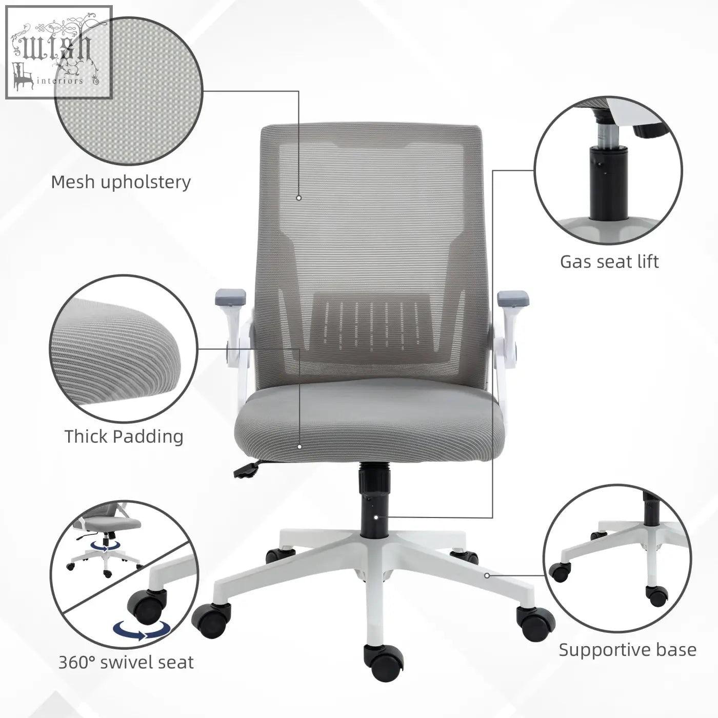 Gray vinsetto mesh office chair with lumbar support flip-up armrests adjustable seat height and white base