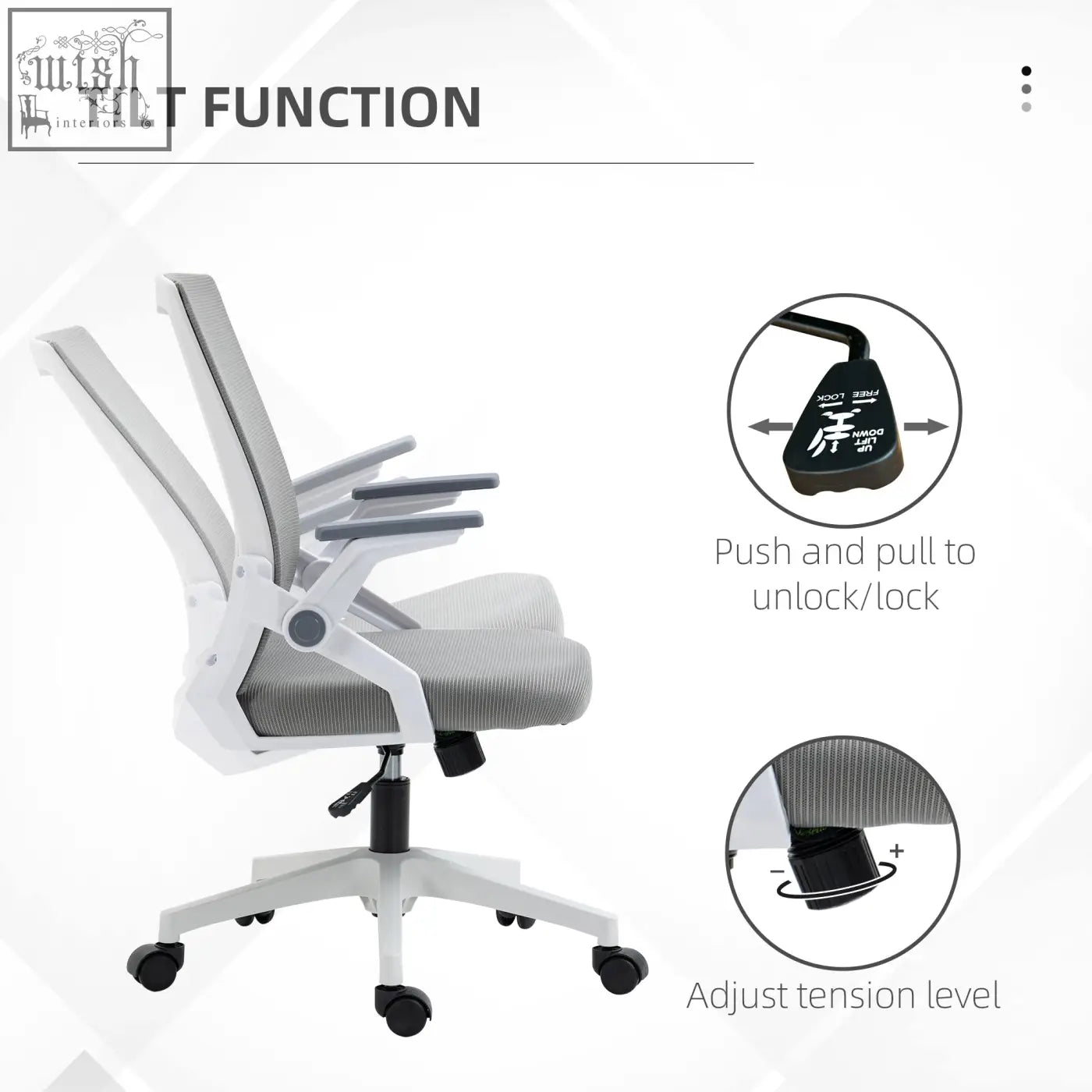 Vinsetto mesh office chair with grey mesh back, white frame, lumbar support, flip-up armrests, and adjustable seat height