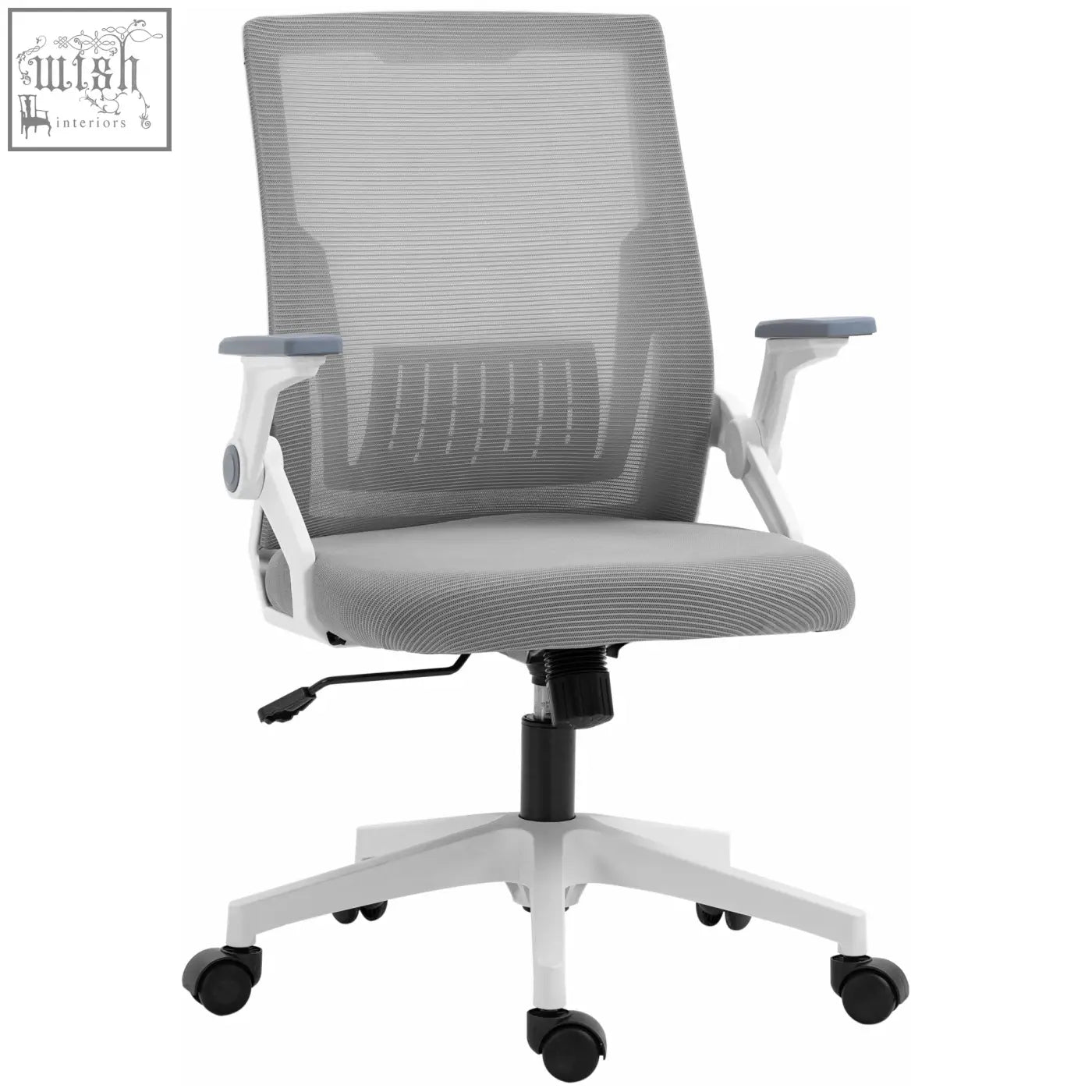 Vinsetto gray mesh office chair with white frame features lumbar support, flip-up armrests, swivel wheels, and adjustable seat height