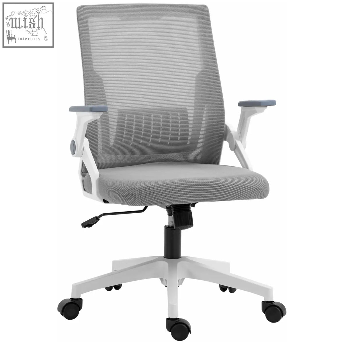 Vinsetto gray mesh office chair with white frame features lumbar support, flip-up armrests, swivel wheels, and adjustable seat height