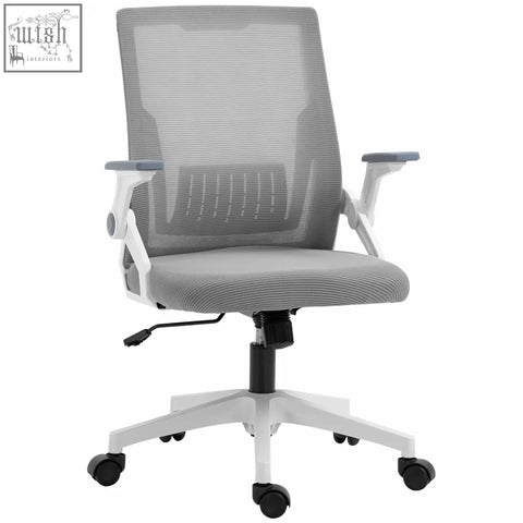 Vinsetto gray mesh office chair with white frame features lumbar support, flip-up armrests, swivel wheels, and adjustable seat height