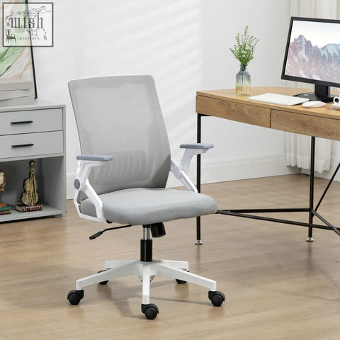 Vinsetto gray mesh office chair with white frame features lumbar support flip-up armrests and adjustable seat height