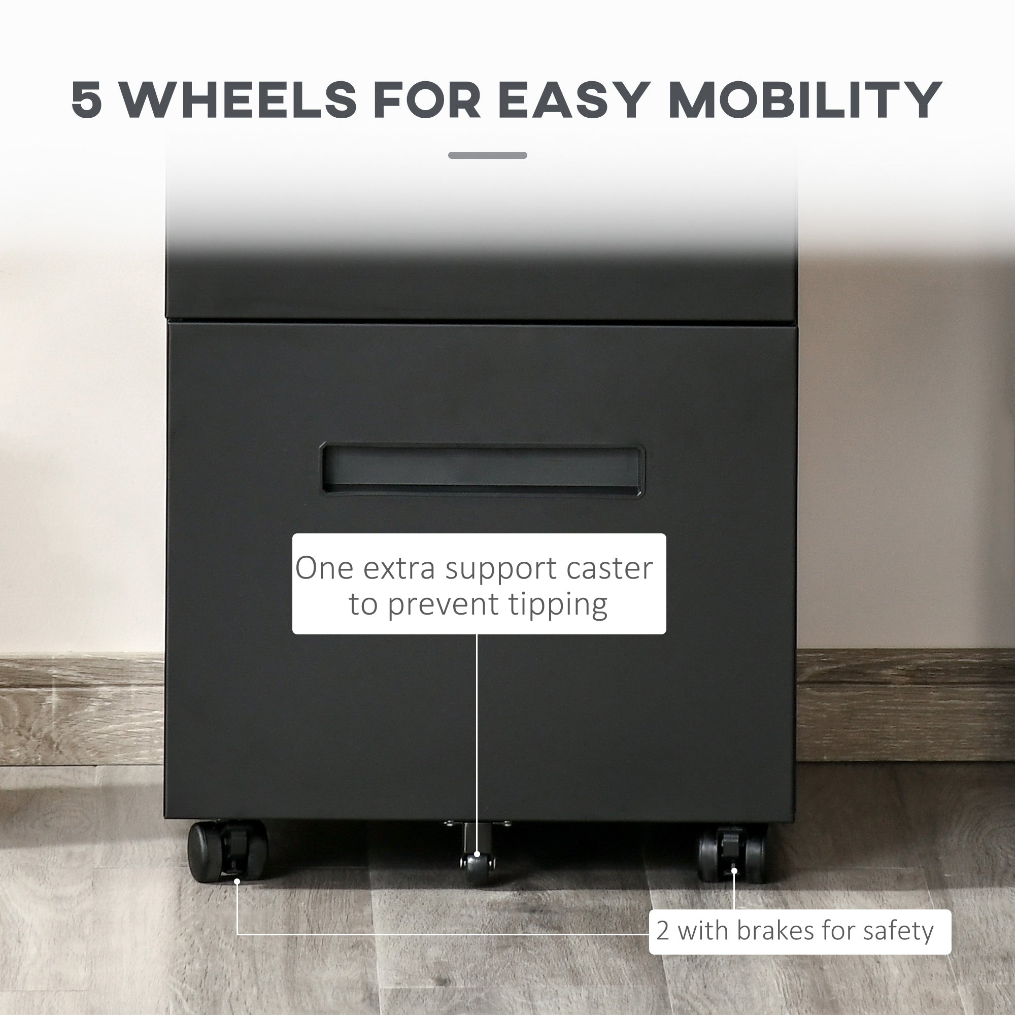 Black metal filing cabinet with narrow design and five wheels for easy desk storage and mobility under desk