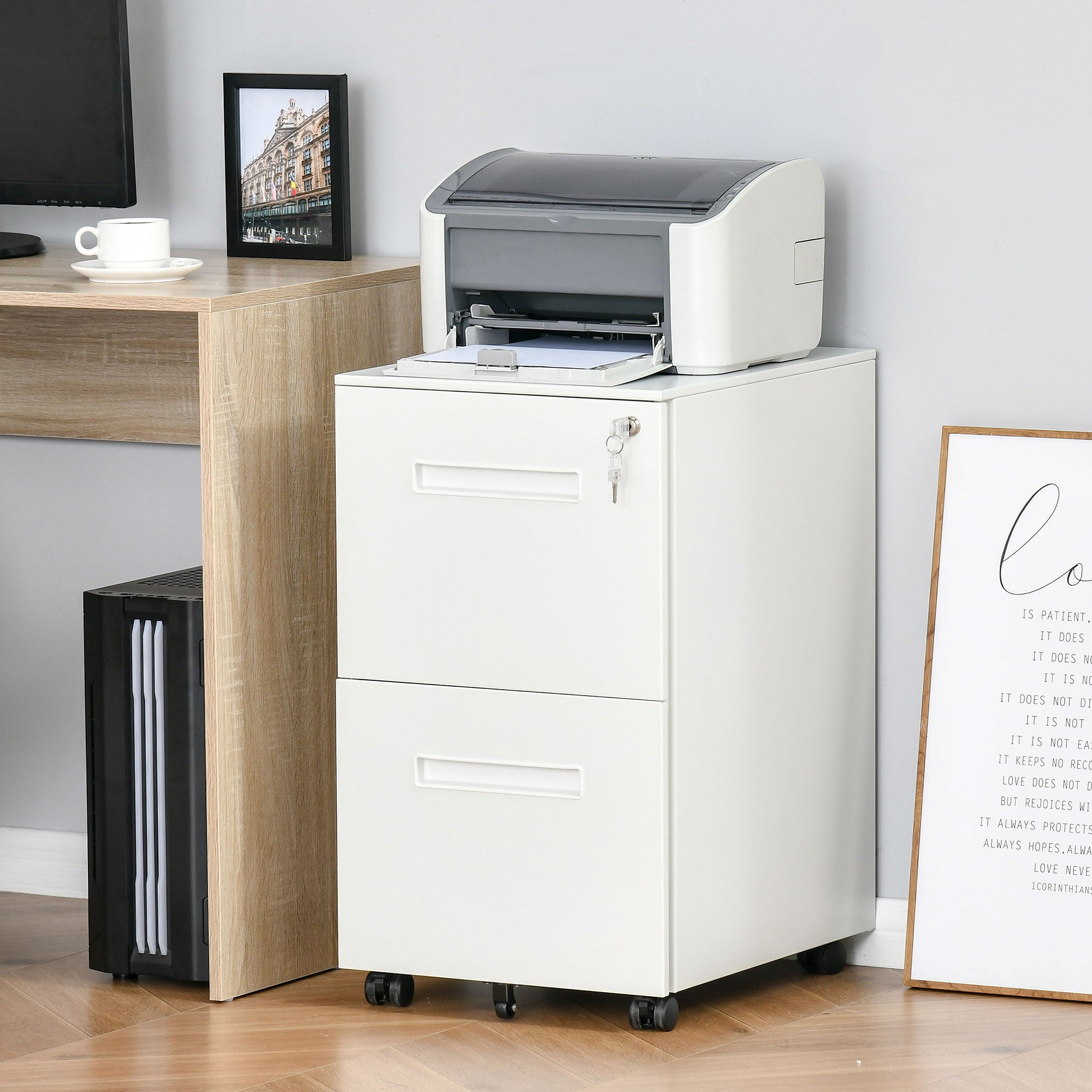 White vinsetto metal narrow filing cabinet with 2 lockable drawers and wheels for home office use