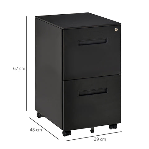 Black metal filing cabinet with narrow design two lockable drawers and casters for home office storage