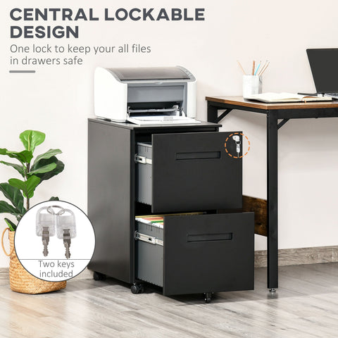 Black metal filing cabinet with narrow design two lockable drawers and casters for home office mobility