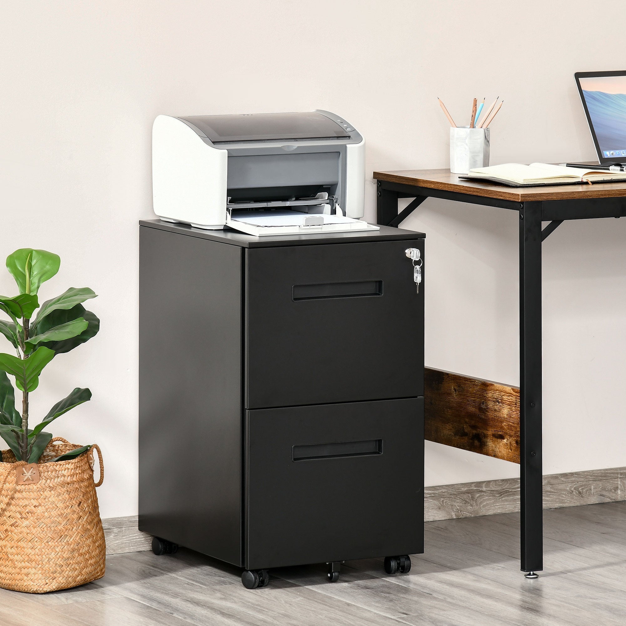 Black metal Vinsetto filing cabinet with two lockable drawers and casters narrow design for home office use
