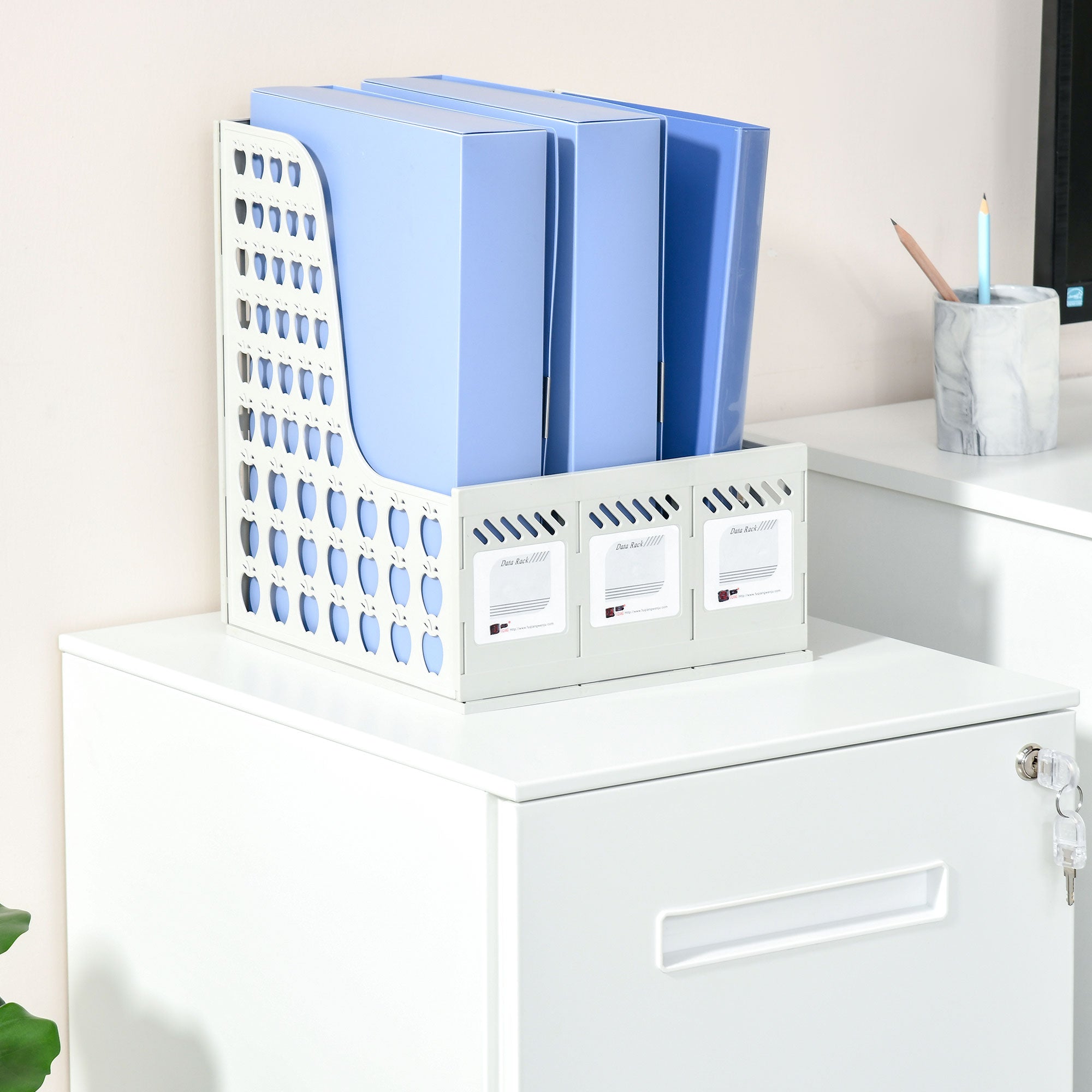 White plastic file organizer with circular cutouts and labeled compartments inside vinsetto metal filing cabinet for home office