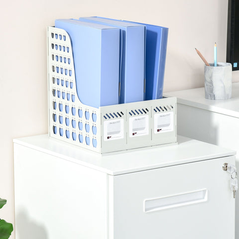 White plastic file organizer with circular cutouts and labeled compartments inside vinsetto metal filing cabinet for home office