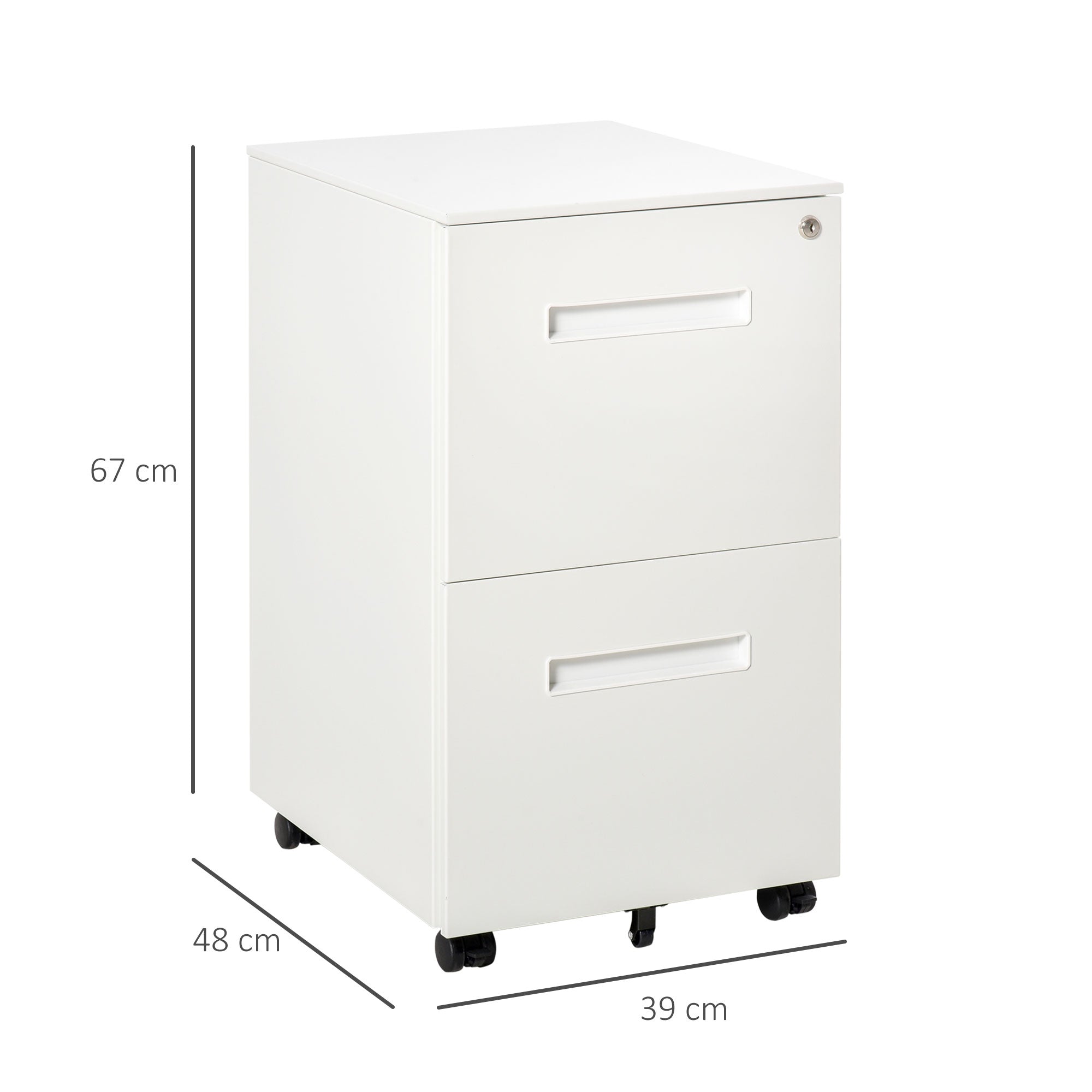 White vinsetto metal filing cabinet with narrow design two drawers lockable on black casters for desk storage
