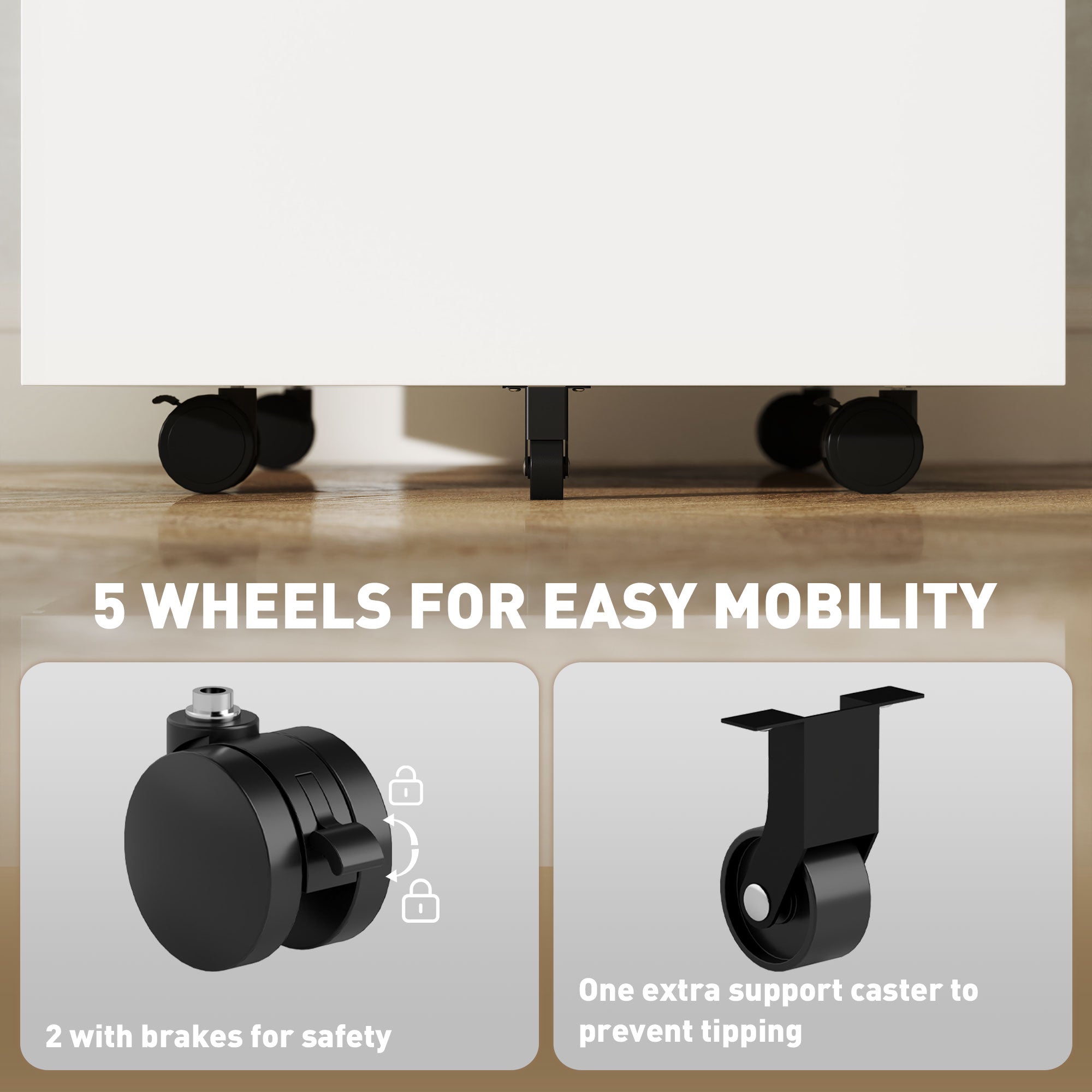 Black metal caster wheels with brakes and support caster on vinsetto filing cabinet for narrow desk storage