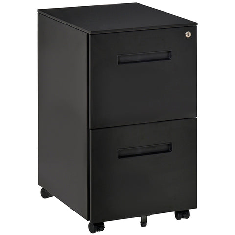 Black metal mobile filing cabinet with narrow design two lockable drawers and wheels for desk storage