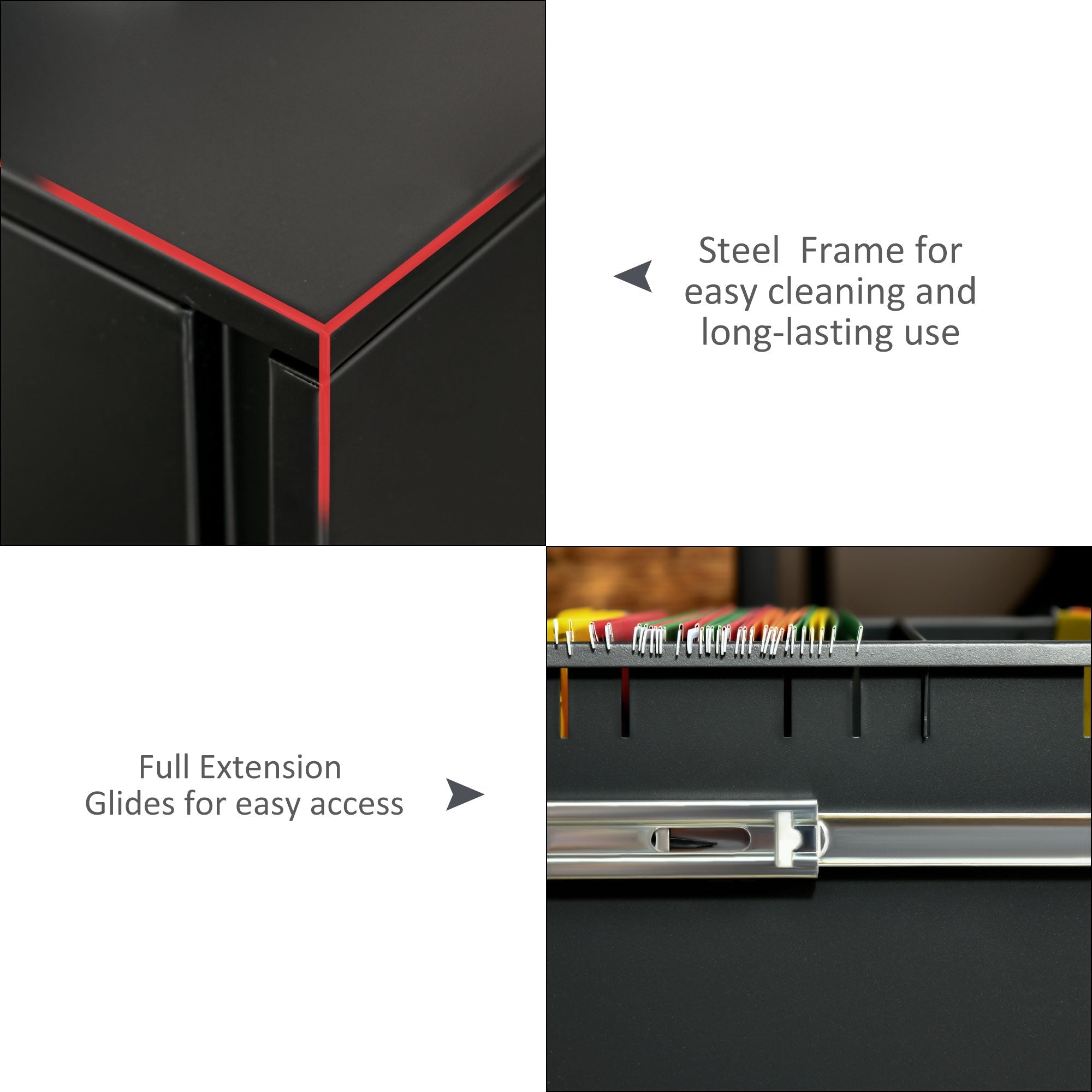 Black steel vinsetto filing cabinet with narrow design, red trim, full extension glides, and compact desk storage wheels