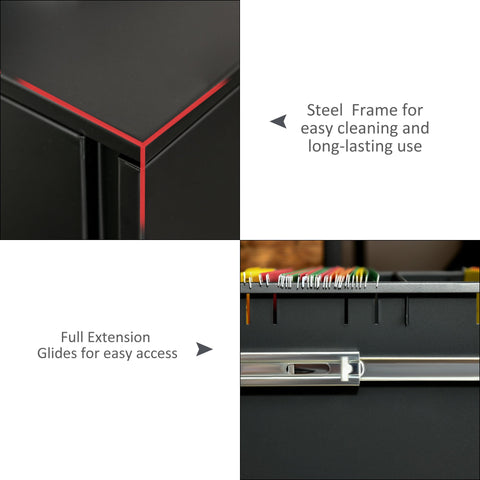 Black steel vinsetto filing cabinet with narrow design, red trim, full extension glides, and compact desk storage wheels