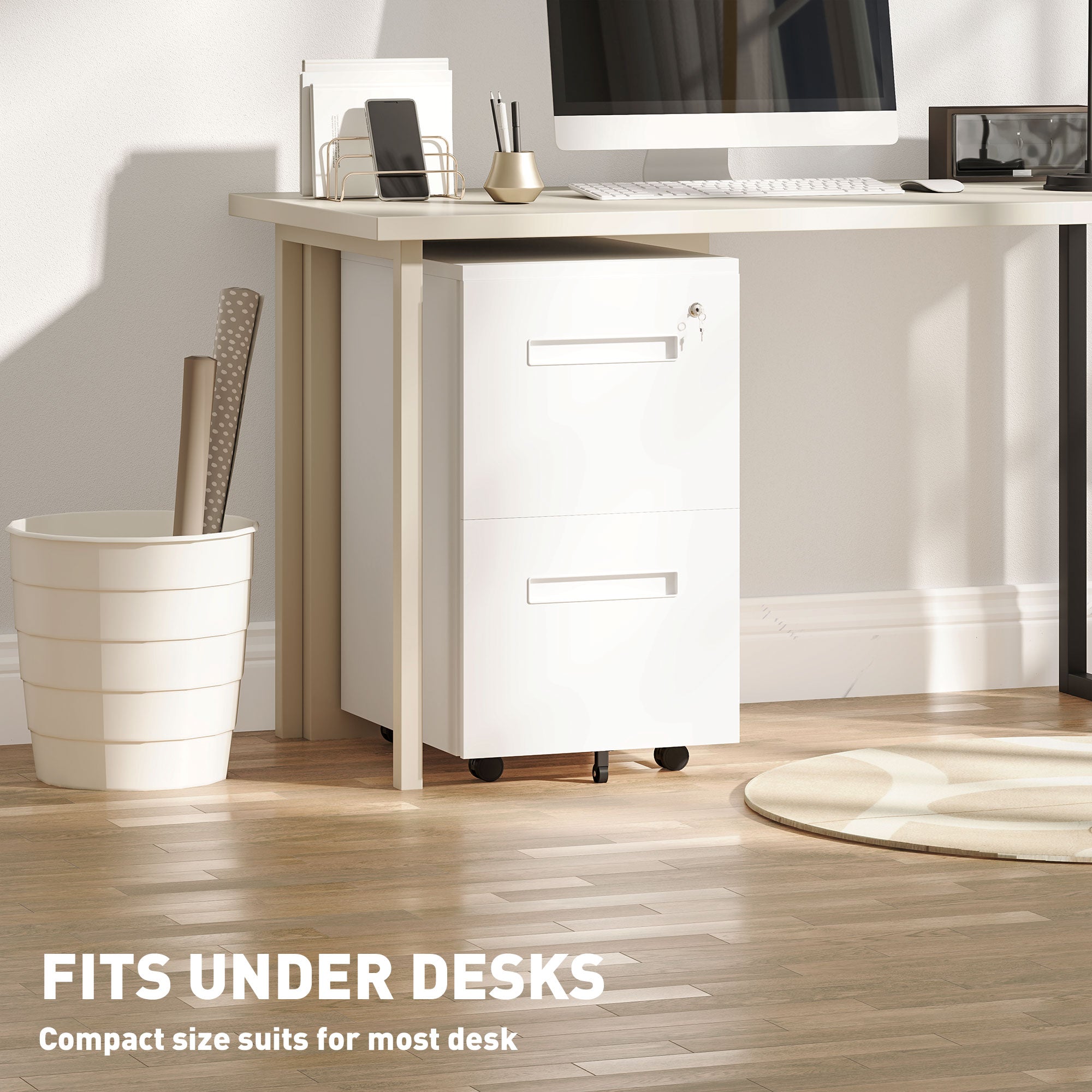 White vinsetto metal filing cabinet with lockable narrow design and wheels for compact desk storage at home office