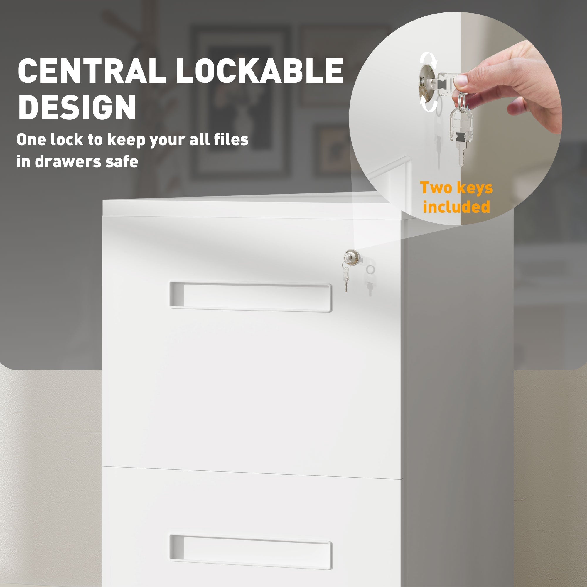 White metal filing cabinet with two lockable drawers and keys narrow design perfect for home office storage