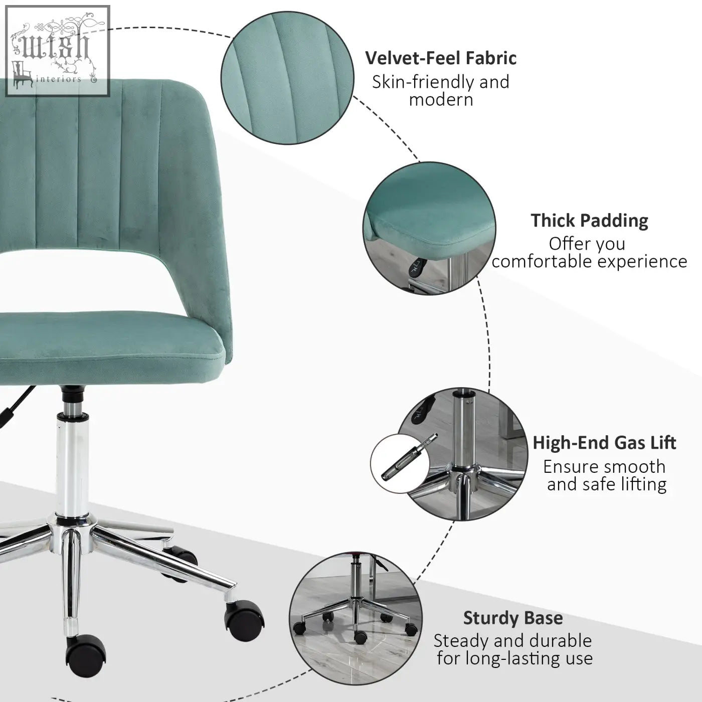 Teal velvet-feel upholstery vinsetto mid back office chair with armless design and five wheels for home study