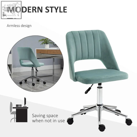 A modern mint green velvet vinsetto office chair with tufted back armless design five wheels for home study