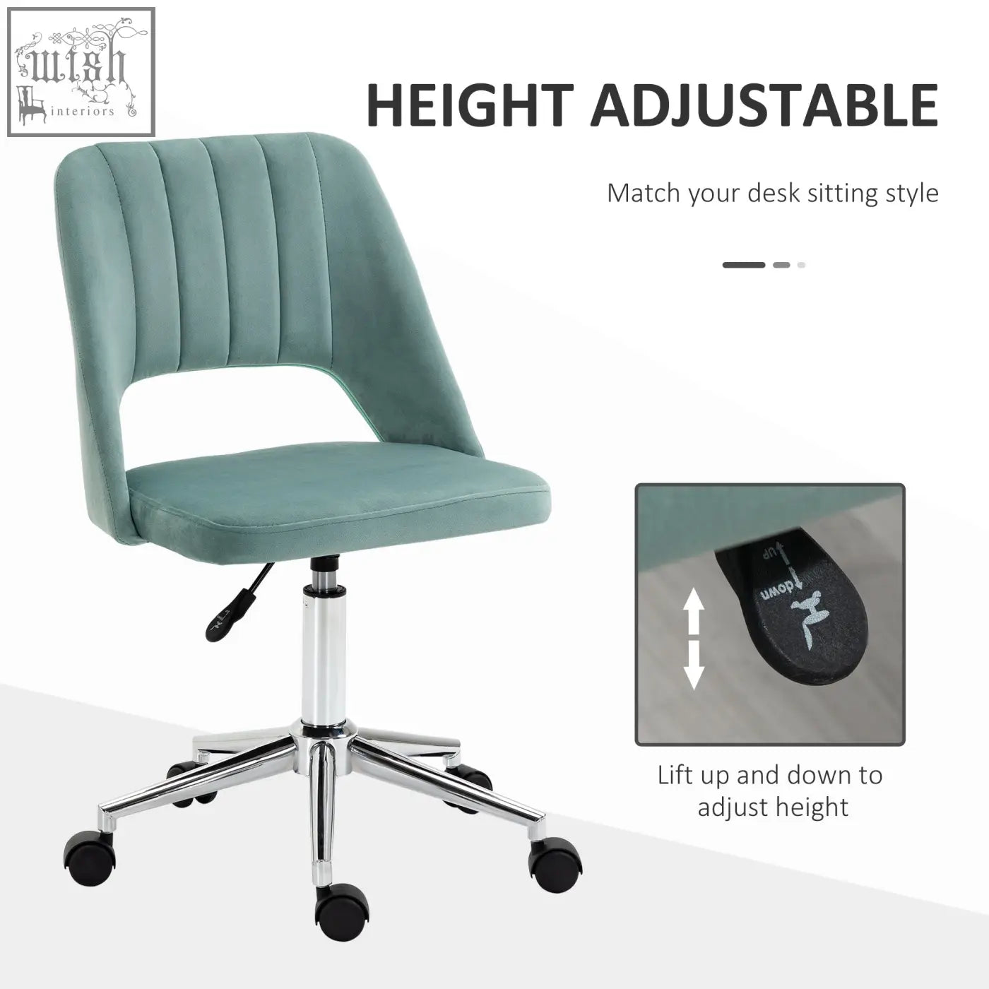 Teal velvet vinsetto mid back office chair with armless design five wheels and height adjustable chrome base for home study