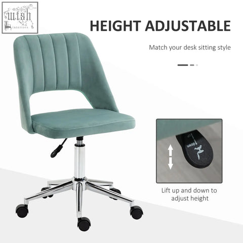 Teal velvet vinsetto mid back office chair with armless design five wheels and height adjustable chrome base for home study