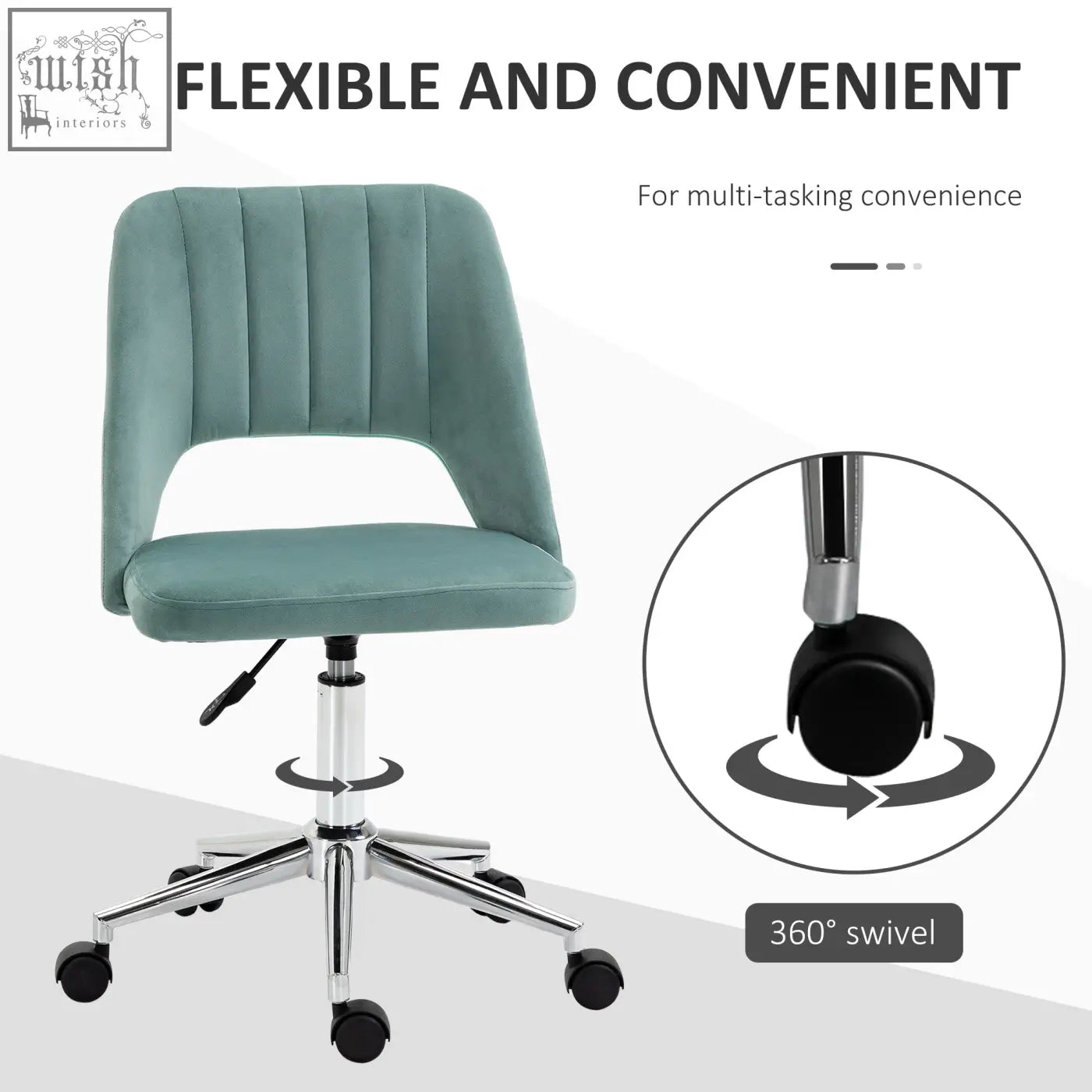 Teal velvet office chair with armless design and five wheels perfect for home study or bedroom desk use