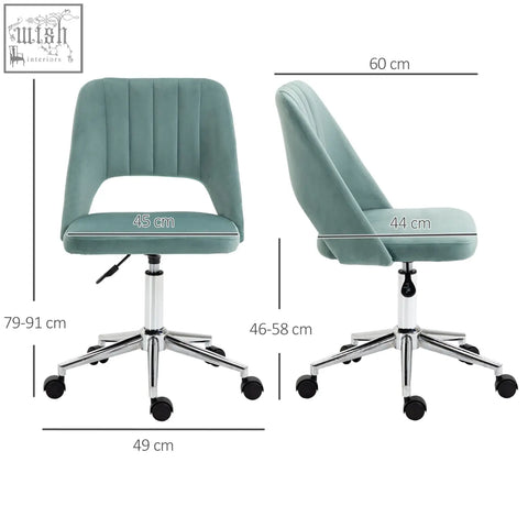 Teal velvet mid back office chair with tufted back armless design five wheels velvet feel upholstery for desk use