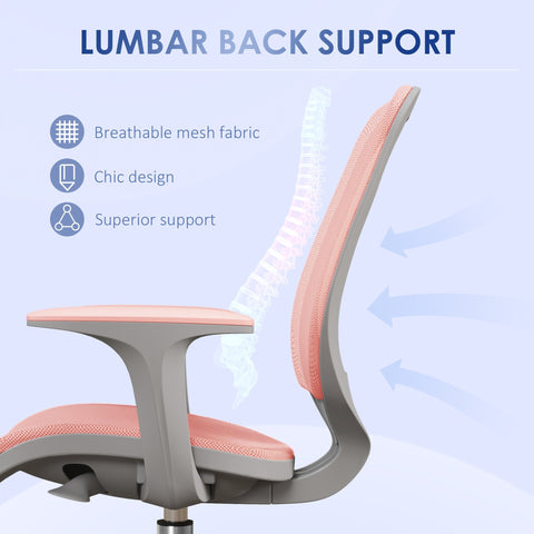 Vinsetto office chair back showing pink breathable mesh lumbar support with gray plastic frame for desk chair comfort